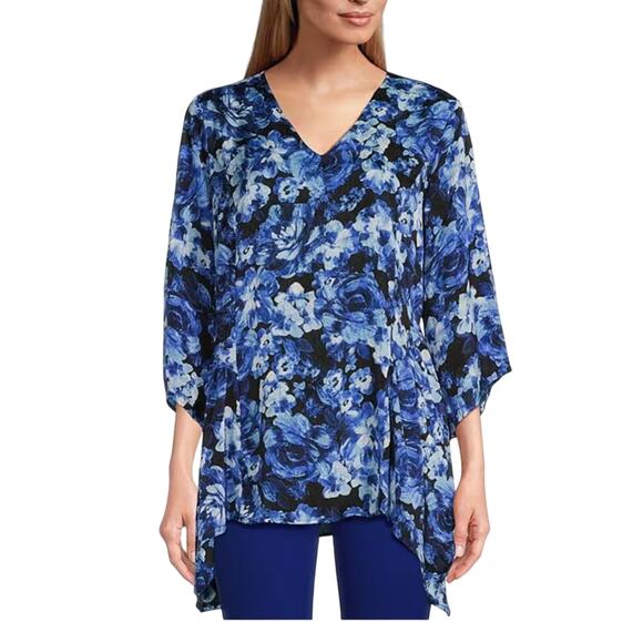 Investments Tops - Slim Factor By Investments V Neck 3/4 Angled Sleeve Blue Top 3X
